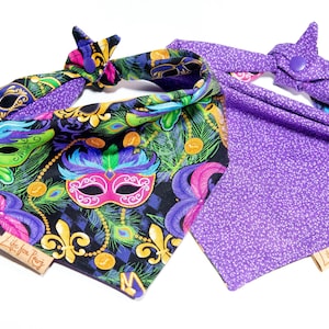 Dog Bandana - Mardi Gras, Reversible Dog Bandana, Tie & Snap, Dog Neckerchief, Dog Scarf Purple, Puppy Gift, Holiday Dog Outfit for Travel