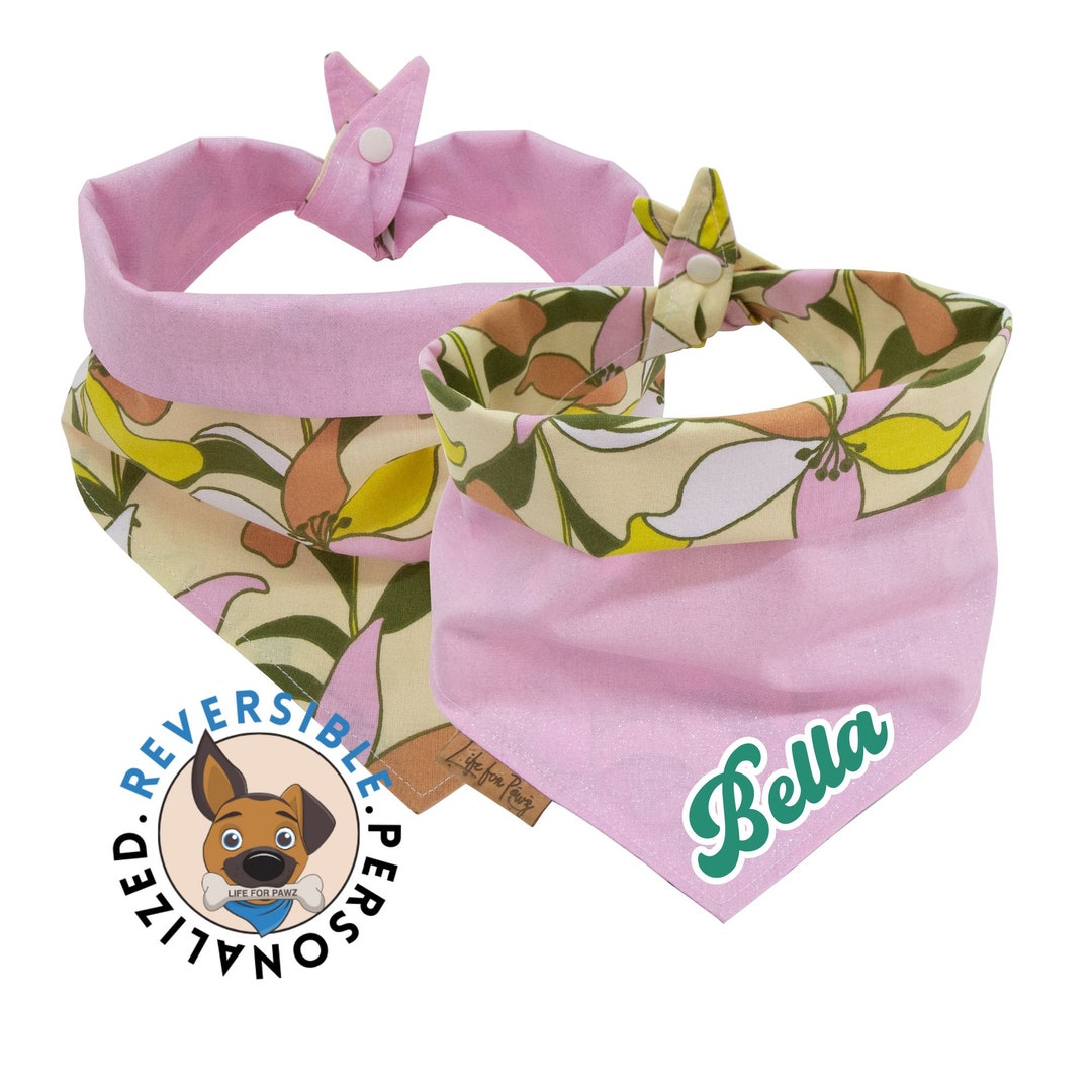 Reversible Dog and Cat Bandana With Personalized Name and Floralpink