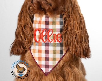 Embroidered Plaid Dog Bandana: Personalized Autumn Pet Scarf