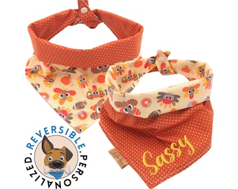 Turkey Gobbler Dog Bandana, Thanksgiving Donuts and Coffee, Reversible Bandana for Dogs, Tie And Snap, Thanksgiving Dog Bandana,