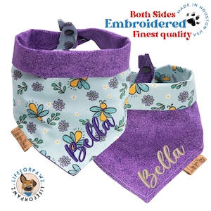 Reversible Honeybee Floral Dog Bandana – Tie and Snap – Custom Name – Bee and Flower Print & Purple Texture – Personalized Gift for Pets