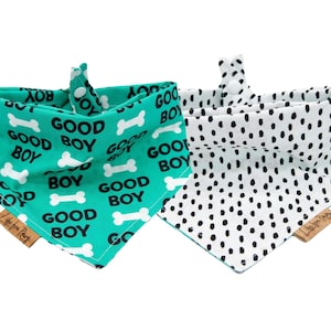 Dog Bandana - Good Boy - Reversible- Tie & Snap - Dog Neckerchief - Dog Scarf - Dog Mom - Puppy Gift