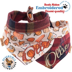 May include: Reversible dog bandana with a plaid pattern on one side and a white background with pumpkins, pie, and the text "Corn Maze" and "Plum Pie" on the other side. The bandana is embroidered with the name "Ollie" on both sides. The bandana is made in the USA and is of the finest quality.