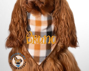 Embroidered Dog Bandana Scrunchie: Golden Plaid, Custom Name, Handmade Cotton Pet Scarf