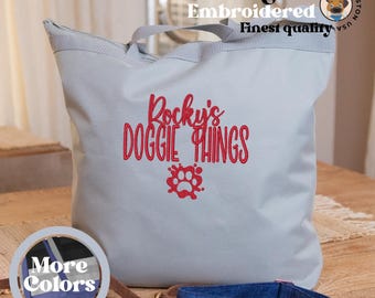 Doggie Things Einkaufstasche für Felleltern, individuell gestickter Name, individuell wiederverwendbarer Hunde-Organizer, Hundereisetasche, Haustier-Aufbewahrungstasche
