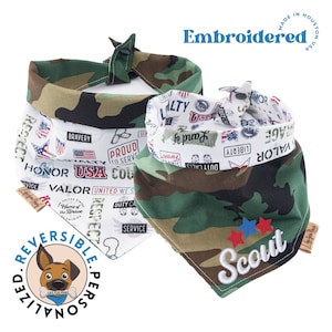 Custom Reversible Camouflage Dog Bandana with Embroidered Name - 100% Cotton, Patriotic Theme, Personalized Pet Scarf