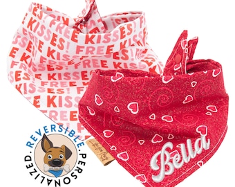 Valentine Dog Bandana -Free Kisses -  Reversible- Tie & Snap- Dog Neckerchief - Dog Scarf - Dog Mom - Puppy Gift - Dog Scarf -