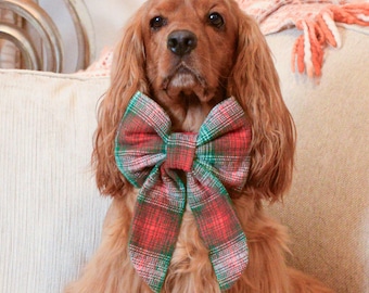 Holiday Plaid Dog Sailor Bow: Green Red Flannel Christmas Accessory