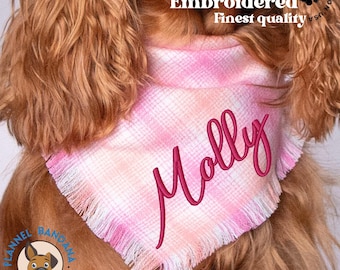 Personalized Dog Bandana: Embroidered Pink Buffalo Plaid Flannel Scarf