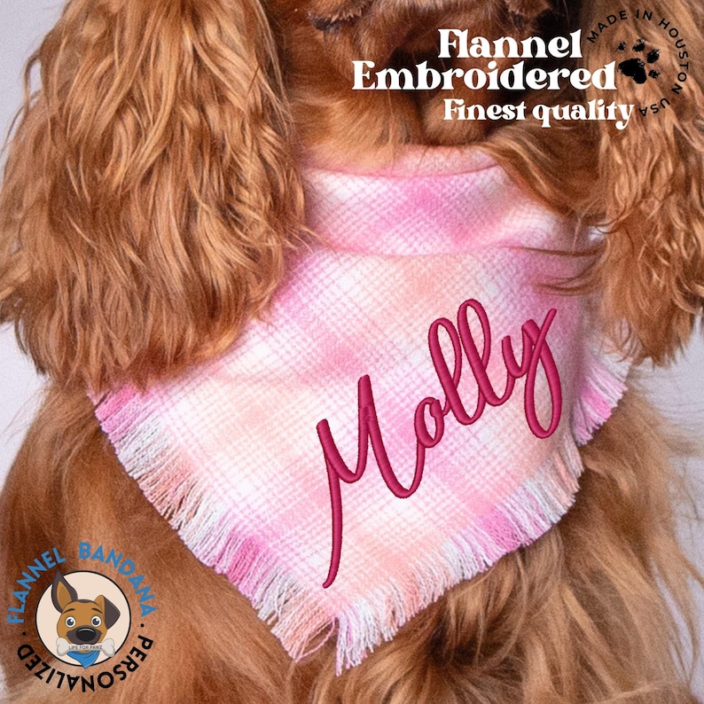a brown dog wearing a pink bandana with a name on it