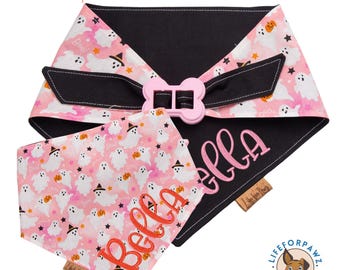 Pañuelo para perro de Halloween con fantasma rosa: bufanda reversible bordada personalizada