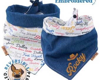 Aangepaste omkeerbare hondenbandana met geborduurde naam - 100% katoen, westers thema, gepersonaliseerde huisdierensjaal