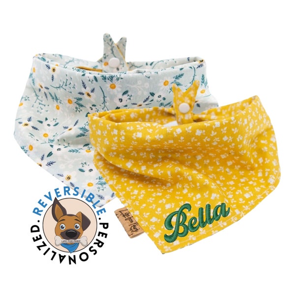 Dog Bandana -Flower’s Me - Reversible- Tie & Snap - Dog Neckerchief - Dog Scarf - Dog Mom - Puppy Gift