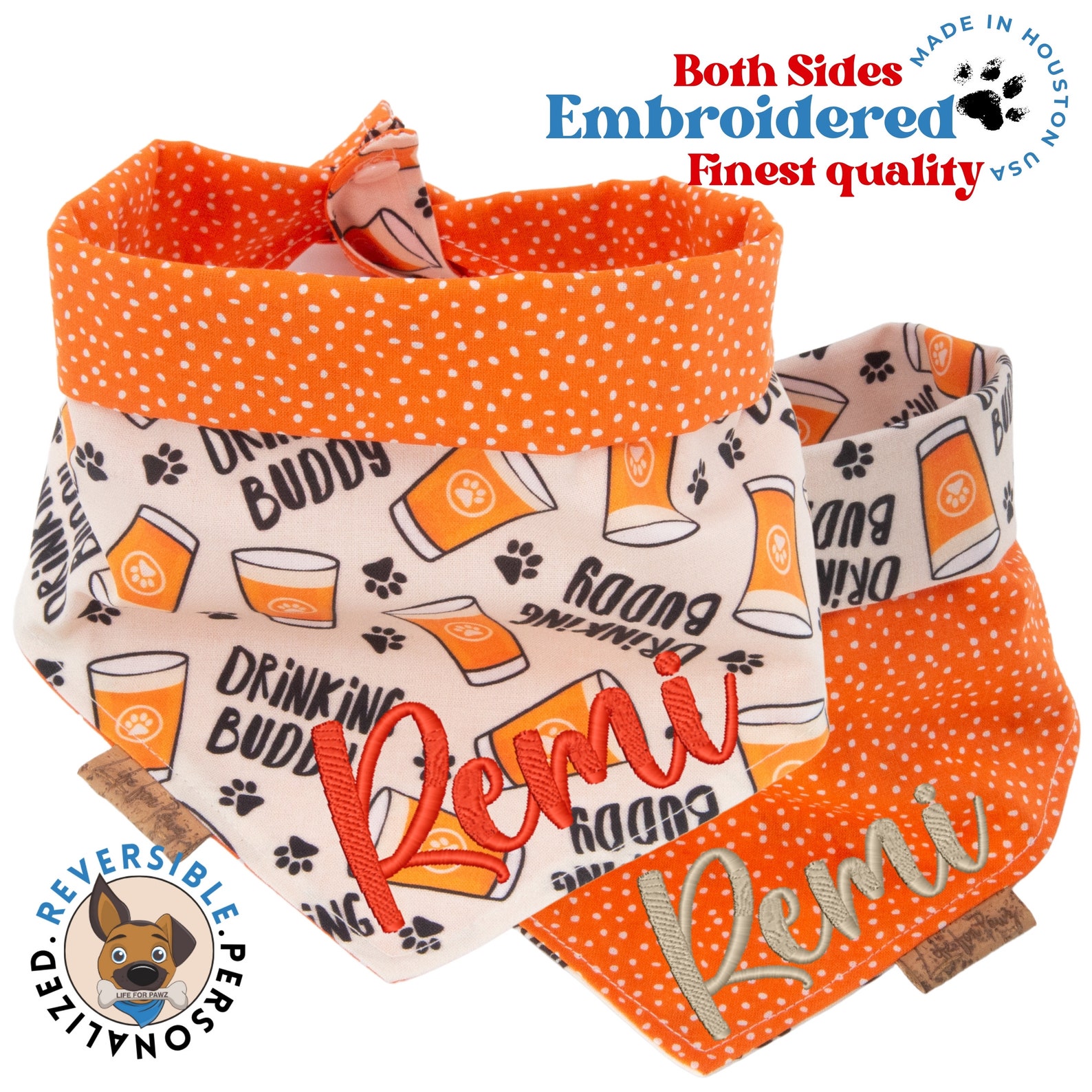 Reversible Summer Dog Bandana, Custom Name Embroidery Beerthemed Pet