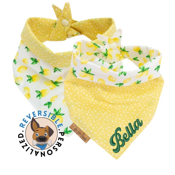 Lemon Dog Bandana - Reversible- Tie & Snap - Dog Neckerchief - Dog Scarf - Dog Mom - Puppy Gift