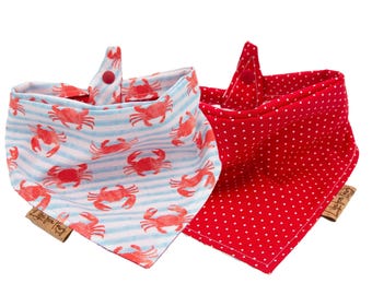 Dog Bandana - Little Crabby- Reversible- Tie & Snap - Dog Neckerchief - Dog Scarf - Dog Mom - Puppy Gift
