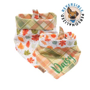 May include: A reversible dog bandana with a plaid pattern on one side and a white background with orange and green leaves on the other side. The bandana is personalized with the name "Daisy" in green embroidery.