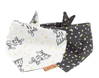 Christmas Dog Bandana - Happy New Year Gold Dog Bandana - Reversible-Tie & Snap - Christmas Dog Bandana
