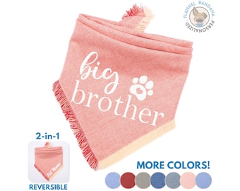 Reversible Flannel Dog Bandana - Birth Announcement 'Big Brother' with Paw Pet Scarf - Custom Name Dog Bandana - Vinyl Print Pet Bandana