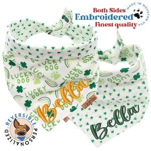 Personalisiertes Hundehalstuch St. Patricks Day, Hundehalstuch mit Kleeblattmotiv, Hundehalstuch mit Kleeblattmotiv, individuell gestickter Name im Grünen Welpen-Outfit