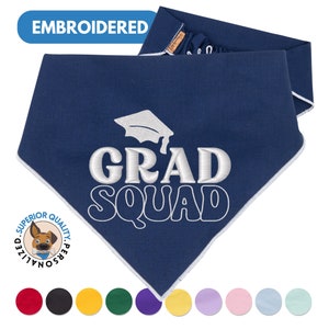 Graduate Dog Bandana | Celebration Pet Scarf in 11 Colors | Over-The-Collar & Scrunchie Dog Bandanas | Embroidery Graduation Pet Accessory