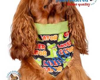 Personalized Dog Bandana: Reversible Cartoon Gator Tie, Custom Pet Name