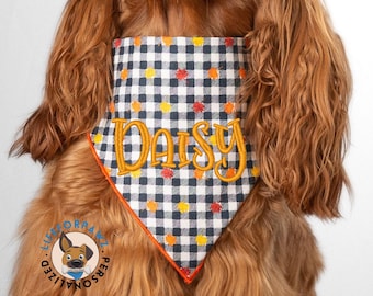 Embroidered Dog Scrunchie Bandana: Personalized Autumn Gingham Pet Scarf