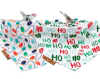 Christmas Dog Bandana - Ho Ho Ho Bandana - Reversible-Tie & Snap - Christmas Dog Bandana