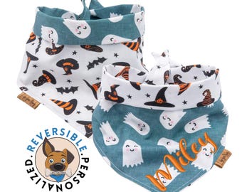 Bandana réversible pour chien d'Halloween : fantôme et citrouille, à nouer et à pression