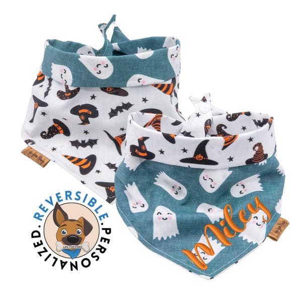 Reversible Halloween Dog Bandana: Ghost & Pumpkin, Tie and Snap