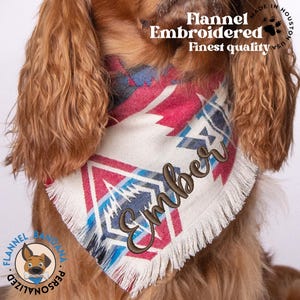 Dog Bandana - Personalized Reversible Flannel Pet Scarf - Frayed Edge Dog Neckwear - Custom Embroidered Name - Fall Winter Dog Accessories