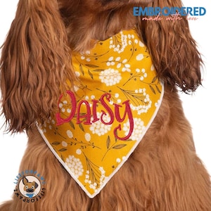 Embroidered Scrunchie Dog Bandana - Custom Name - Golden Floral - Personalized Gift - Soft Cotton - Handmade Pet Scarf