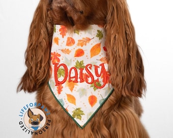 Personalized Autumn Leaves Dog Bandana: Embroidered Cotton Scrunchie Scarf