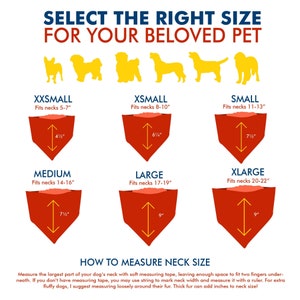 May include: A chart showing different sizes of dog bandanas with corresponding neck sizes in inches. The chart includes XXS, XS, S, M, L, and XL sizes. The chart also includes instructions on how to measure your dog's neck size.