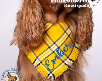 Personalized Flannel Dog Bandana: Yellow Plaid, Reversible Pet Accessory