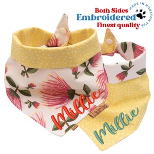 Reversible Dog Bandana – Tie and Snap – Custom Name – Pink Floral & Yellow Dots – Personalized Spring Pet Gift