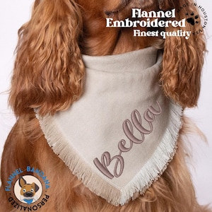Beige Reversible Flannel Dog Bandana - Personalized Embroidered Name Pet Frayed Scarf - Tie and Snap-on Dog Wear - Winter & Fall Dog Clothes