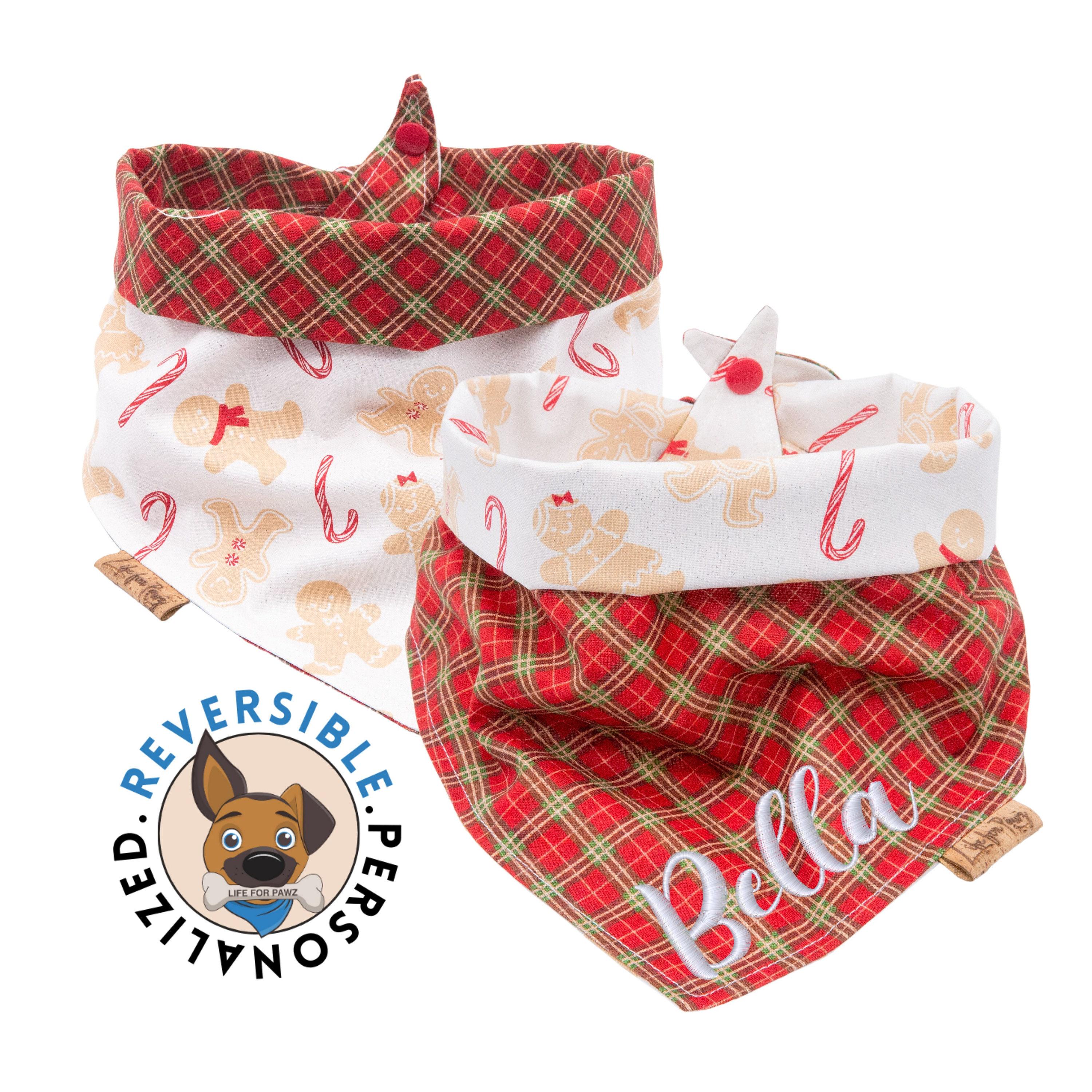 Christmas Dog Bandana - Gingerbread Cookies Bandana and Candy Canes - Reversible-Tie & Snap - Gift for Dog Lover- Personalized - Embroidered
