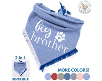 Reversible Flannel Dog Bandana - Birth Announcement 'Big Brother' with Paw Pet Scarf - Custom Name Dog Bandana - Vinyl Print Pet Bandana