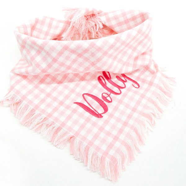 Dog Bandana- Custom Dog Bandana, Pink and White Check  Bandana - Frayed Edge Kerchief-Neckerchief-Dog Fringed-doggie scarf- puppy gift-