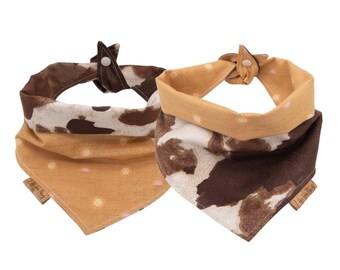 Bandana marron pour chien à imprimé vache : cravate et foulard réversibles en coton