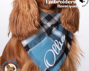 Bandana de flanela para cachorro com nome bordado, bandana personalizada xadrez búfalo para animais de estimação, lenço personalizado para animais de estimação com fecho de pressão, lenço para pescoço de cachorro