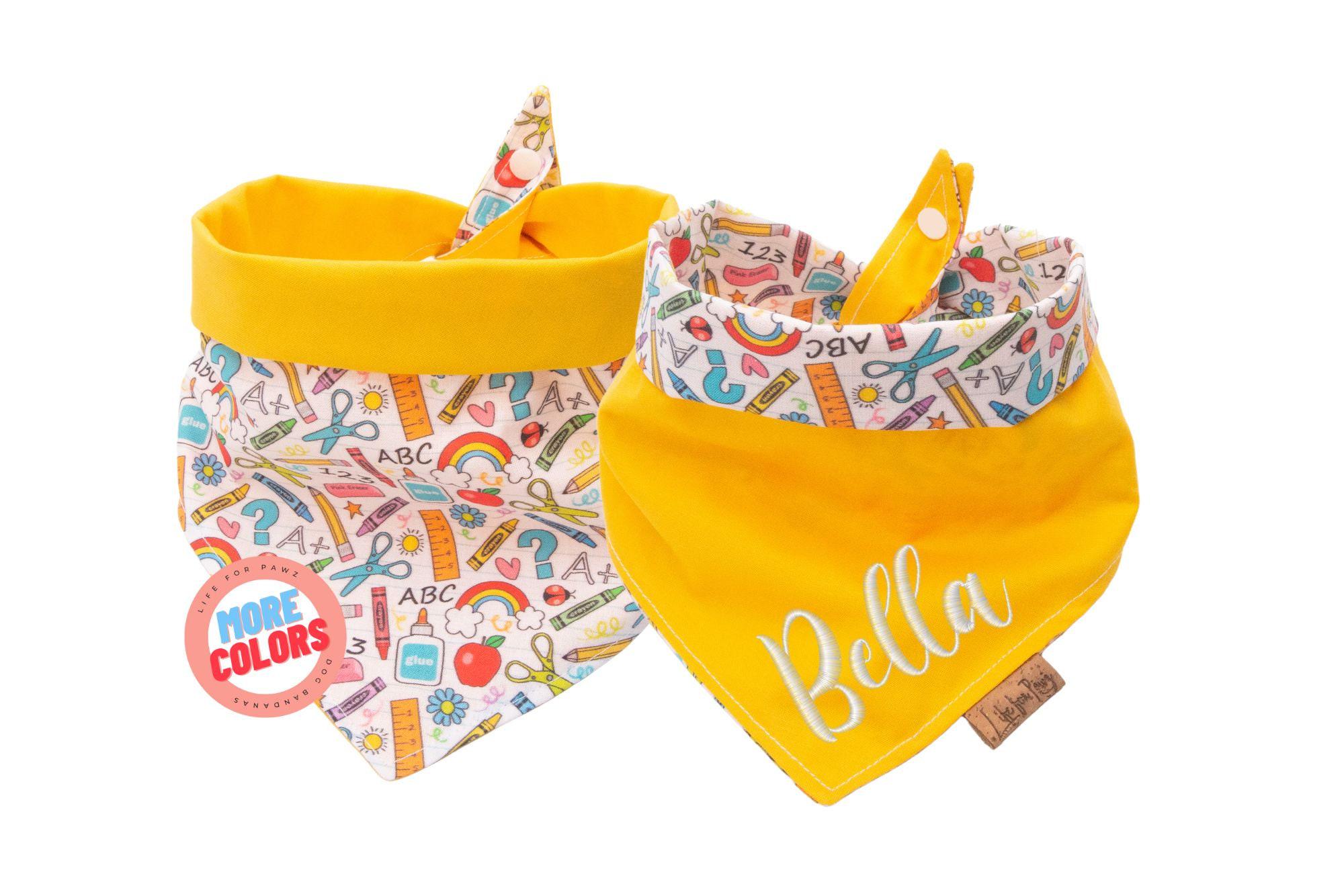 Reversible Back to School Dog Bandana | Custom Embroidered Pet Accessory | School Theme | Choose from 8 Solid Colors | 8 Color Options