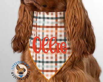 Embroidered Plaid Dog Bandana - Custom Name, Soft Cotton Pet Scarf