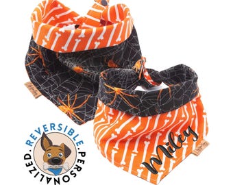 Bandana d'Halloween pour chien : toile d'araignée et os réversibles, bouton-pression à nouer