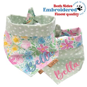Reversible Dog Bandana – Tie and Snap – Custom Name – Watercolor Florals & Sage Dots – Spring Pet Style – Personalized Gift