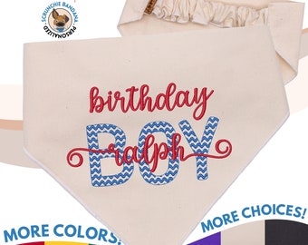 Custom Embroidered Birthday Girl Dog Bandana - 20 Thread Colors, 6 Font Choices, 3 Polka Dot Fabric Patterns - Personalized Pet Scarf
