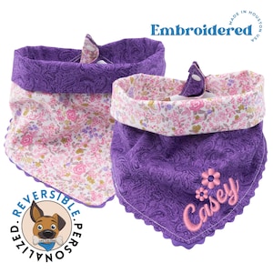 Custom Reversible Dog Bandana with Embroidered Name - 100% Cotton, Ric Rac Edge, Floral Design - Personalized Pet Scarf