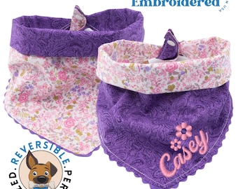 Custom Reversible Dog Bandana with Embroidered Name - 100% Cotton, Floral Design - Personalized Pet Scarf