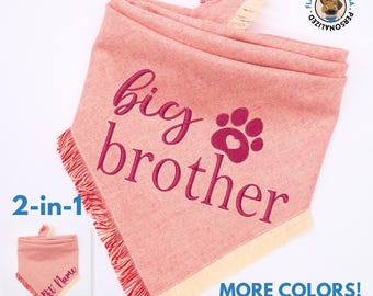 Reversible Dog Bandana for Baby Gender Reveal, Personalized Flannel Pet Scarf for Birth Announcement, Custom Name Embroidery Dog Accessories